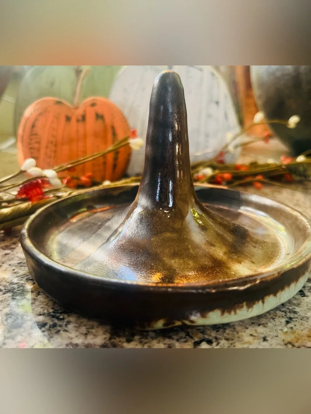 Handcrafted Ceramic Ring Holder Dish in Brown and Green Glaze
